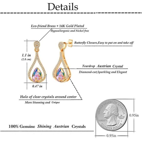 14K Yellow Gold with Iridescent AB Austrian Crystal Halo Teardrop Post Earrings - Picture 5 of 5